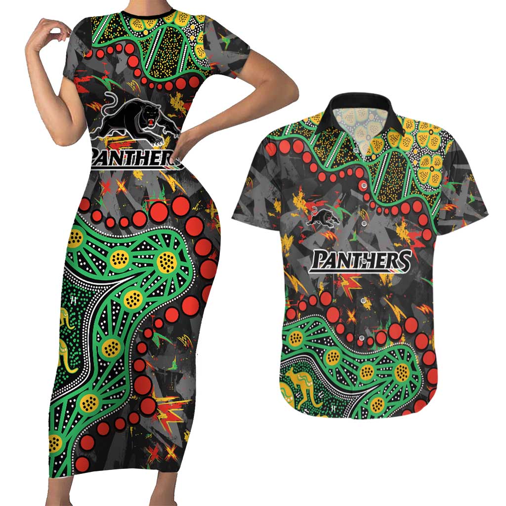 Personalized Penrith Panthers Couples Matching Short Sleeve Bodycon Dress and Hawaiian Shirt Aboriginal Pattern with Graffiti Style Design