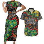 Personalized Penrith Panthers Couples Matching Short Sleeve Bodycon Dress and Hawaiian Shirt Aboriginal Pattern with Graffiti Style Design