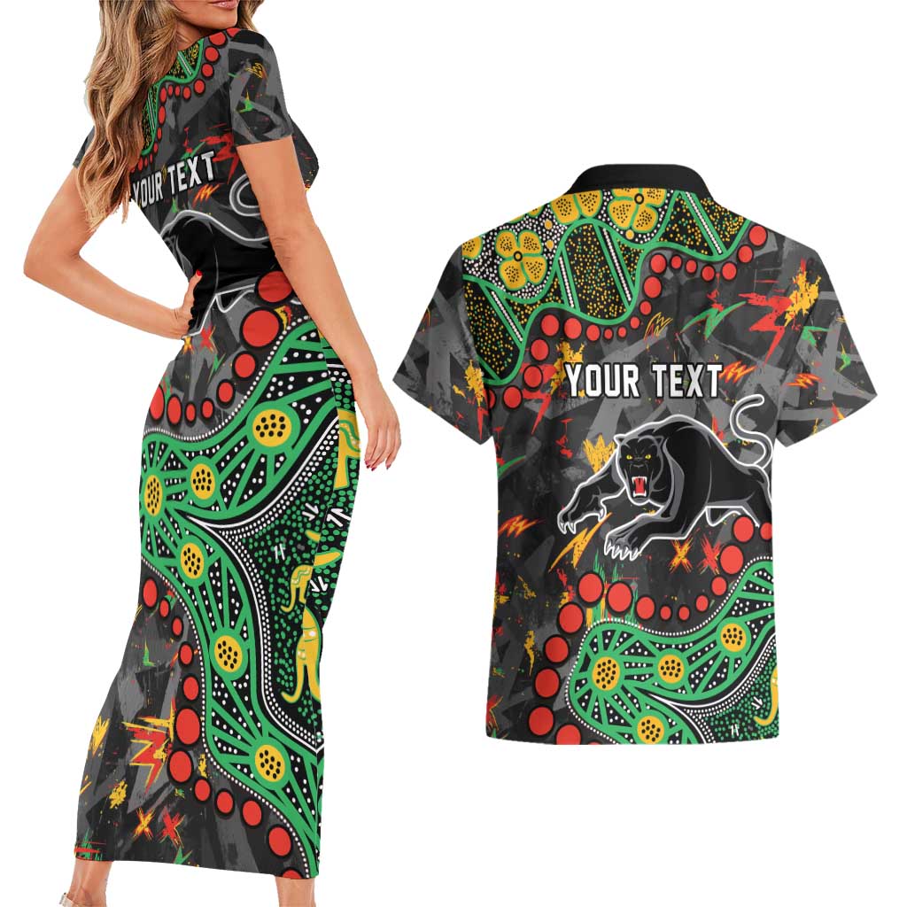 Personalized Penrith Panthers Couples Matching Short Sleeve Bodycon Dress and Hawaiian Shirt Aboriginal Pattern with Graffiti Style Design