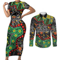 Personalized Penrith Panthers Couples Matching Short Sleeve Bodycon Dress and Long Sleeve Button Shirt Aboriginal Pattern with Graffiti Style Design