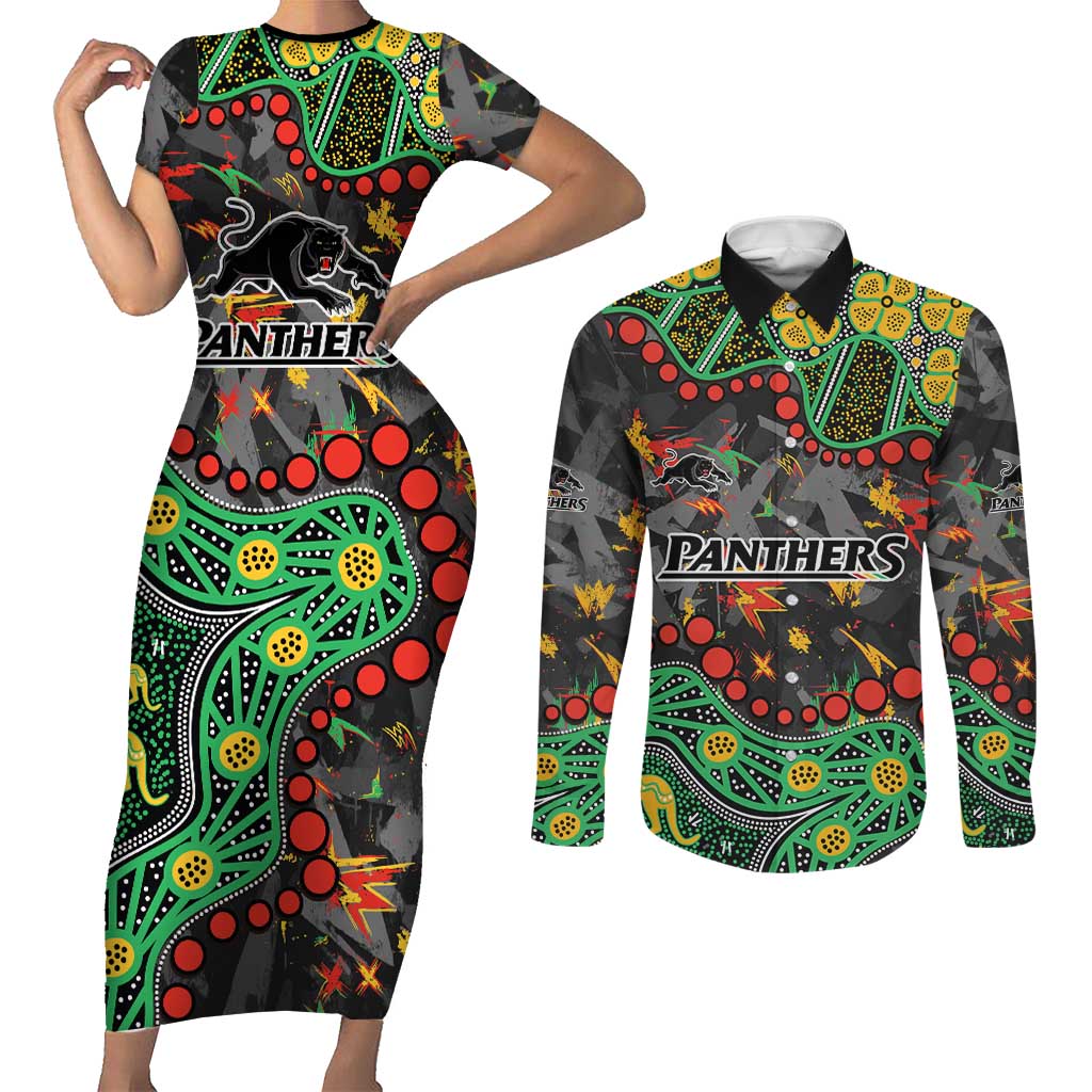 Personalized Penrith Panthers Couples Matching Short Sleeve Bodycon Dress and Long Sleeve Button Shirt Aboriginal Pattern with Graffiti Style Design