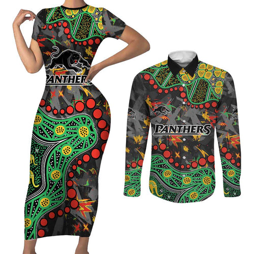 Personalized Penrith Panthers Couples Matching Short Sleeve Bodycon Dress and Long Sleeve Button Shirt Aboriginal Pattern with Graffiti Style Design