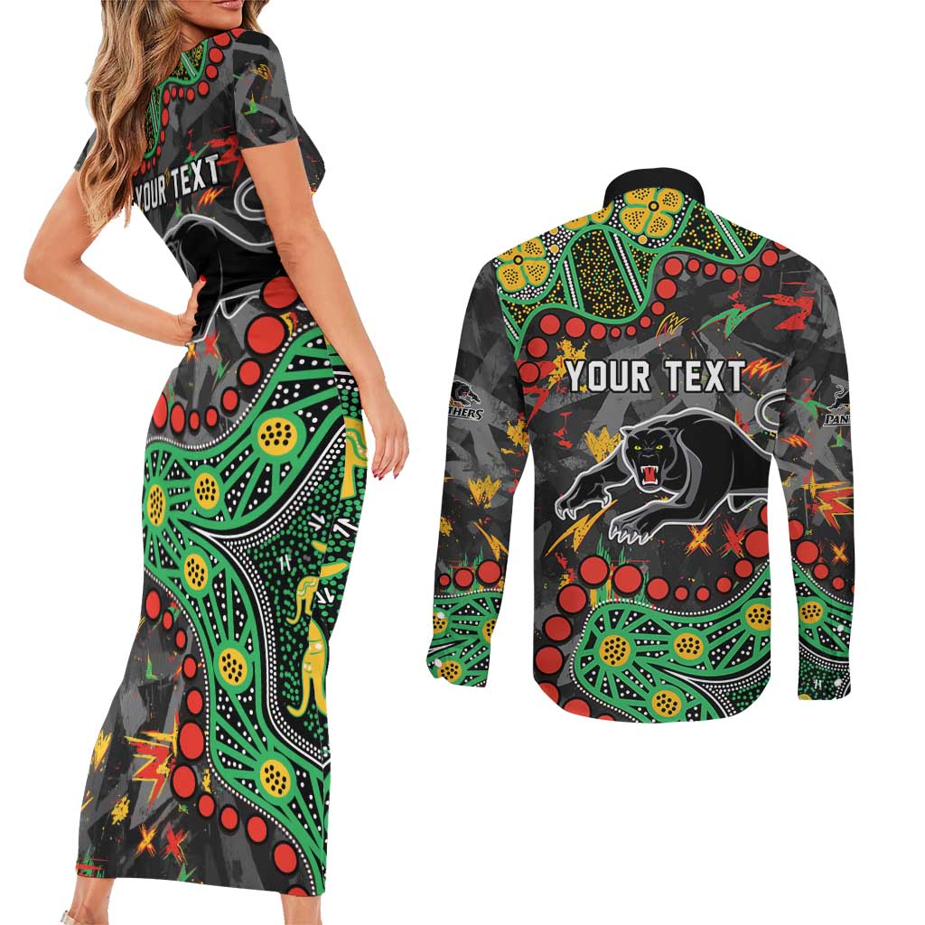 Personalized Penrith Panthers Couples Matching Short Sleeve Bodycon Dress and Long Sleeve Button Shirt Aboriginal Pattern with Graffiti Style Design