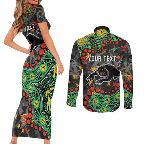 Personalized Penrith Panthers Couples Matching Short Sleeve Bodycon Dress and Long Sleeve Button Shirt Aboriginal Pattern with Graffiti Style Design
