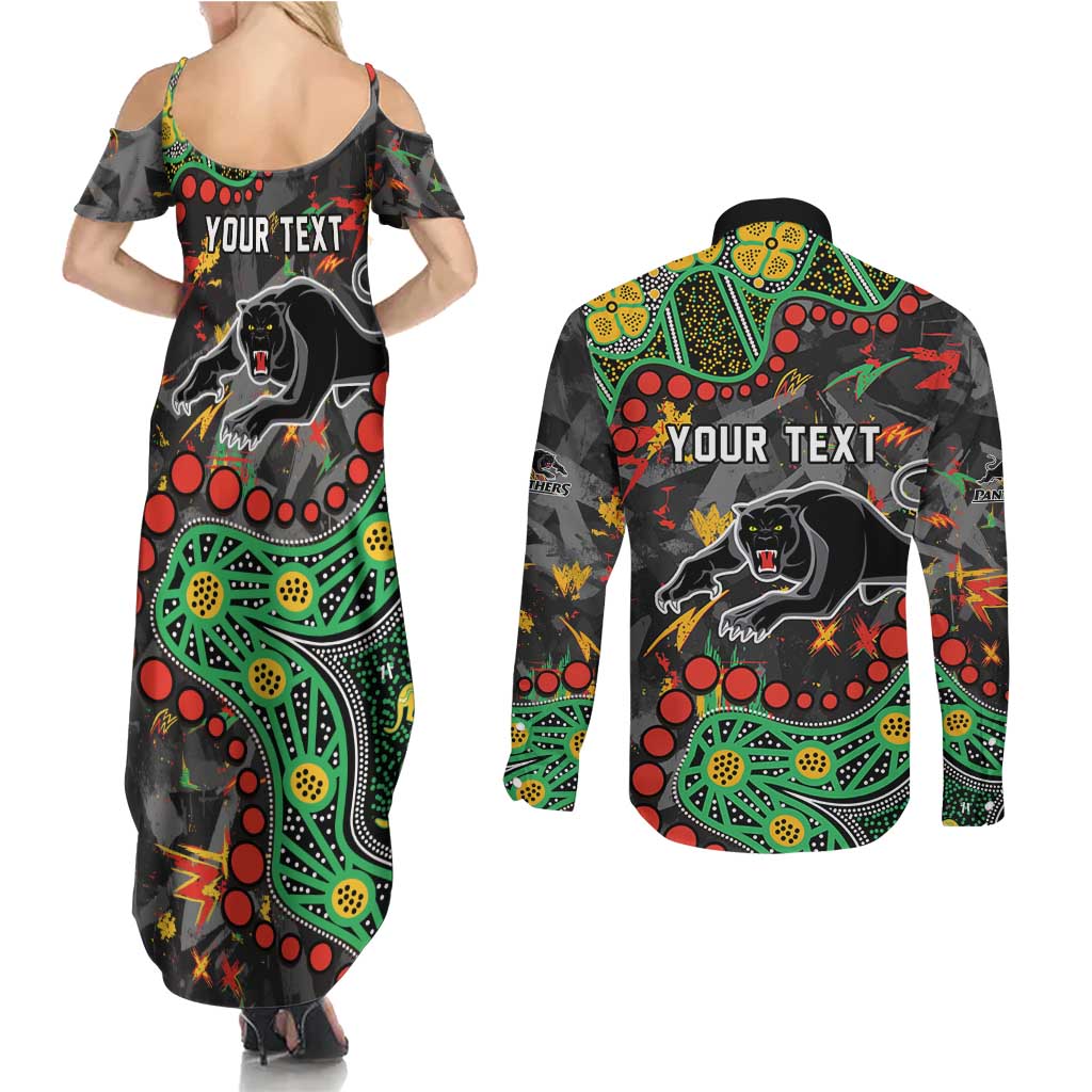 Personalized Penrith Panthers Couples Matching Summer Maxi Dress and Long Sleeve Button Shirt Aboriginal Pattern with Graffiti Style Design