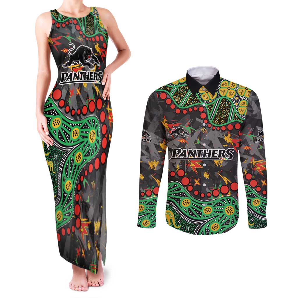 Personalized Penrith Panthers Couples Matching Tank Maxi Dress and Long Sleeve Button Shirt Aboriginal Pattern with Graffiti Style Design
