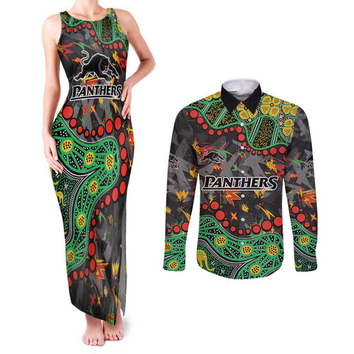 Personalized Penrith Panthers Couples Matching Tank Maxi Dress and Long Sleeve Button Shirt Aboriginal Pattern with Graffiti Style Design