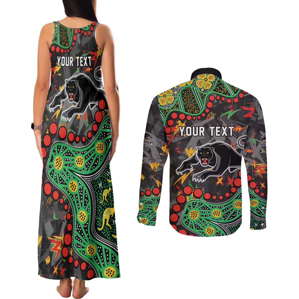 Personalized Penrith Panthers Couples Matching Tank Maxi Dress and Long Sleeve Button Shirt Aboriginal Pattern with Graffiti Style Design