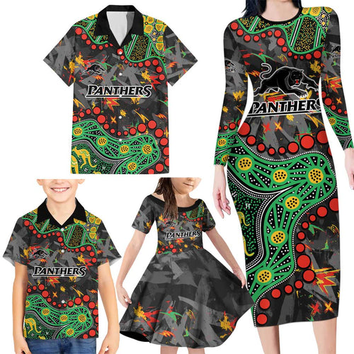 Personalized Penrith Panthers Family Matching Long Sleeve Bodycon Dress and Hawaiian Shirt Aboriginal Pattern with Graffiti Style Design