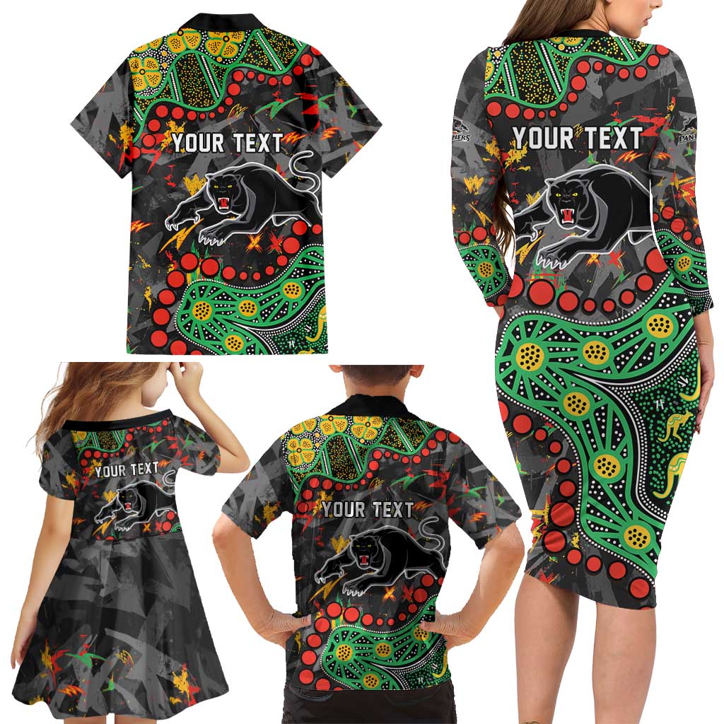 Personalized Penrith Panthers Family Matching Long Sleeve Bodycon Dress and Hawaiian Shirt Aboriginal Pattern with Graffiti Style Design