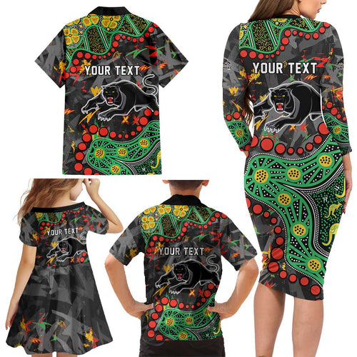 Personalized Penrith Panthers Family Matching Long Sleeve Bodycon Dress and Hawaiian Shirt Aboriginal Pattern with Graffiti Style Design