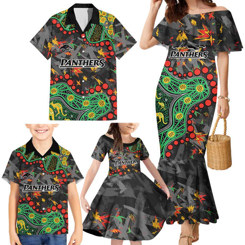 Personalized Penrith Panthers Family Matching Mermaid Dress and Hawaiian Shirt Aboriginal Pattern with Graffiti Style Design