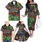 Personalized Penrith Panthers Family Matching Off The Shoulder Long Sleeve Dress and Hawaiian Shirt Aboriginal Pattern with Graffiti Style Design