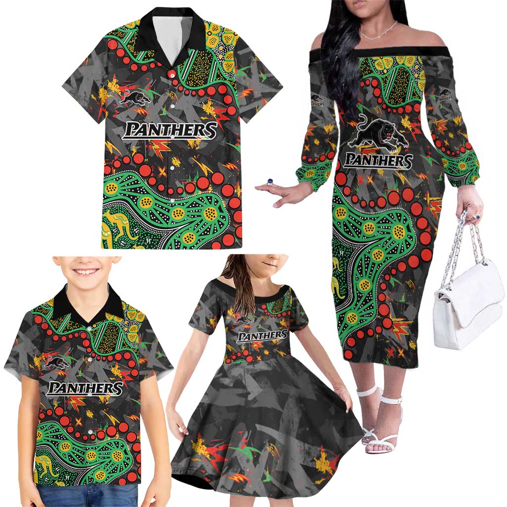 Personalized Penrith Panthers Family Matching Off The Shoulder Long Sleeve Dress and Hawaiian Shirt Aboriginal Pattern with Graffiti Style Design