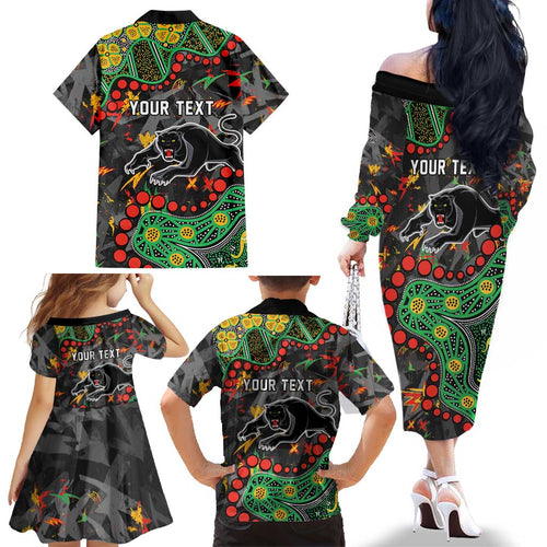 Personalized Penrith Panthers Family Matching Off The Shoulder Long Sleeve Dress and Hawaiian Shirt Aboriginal Pattern with Graffiti Style Design