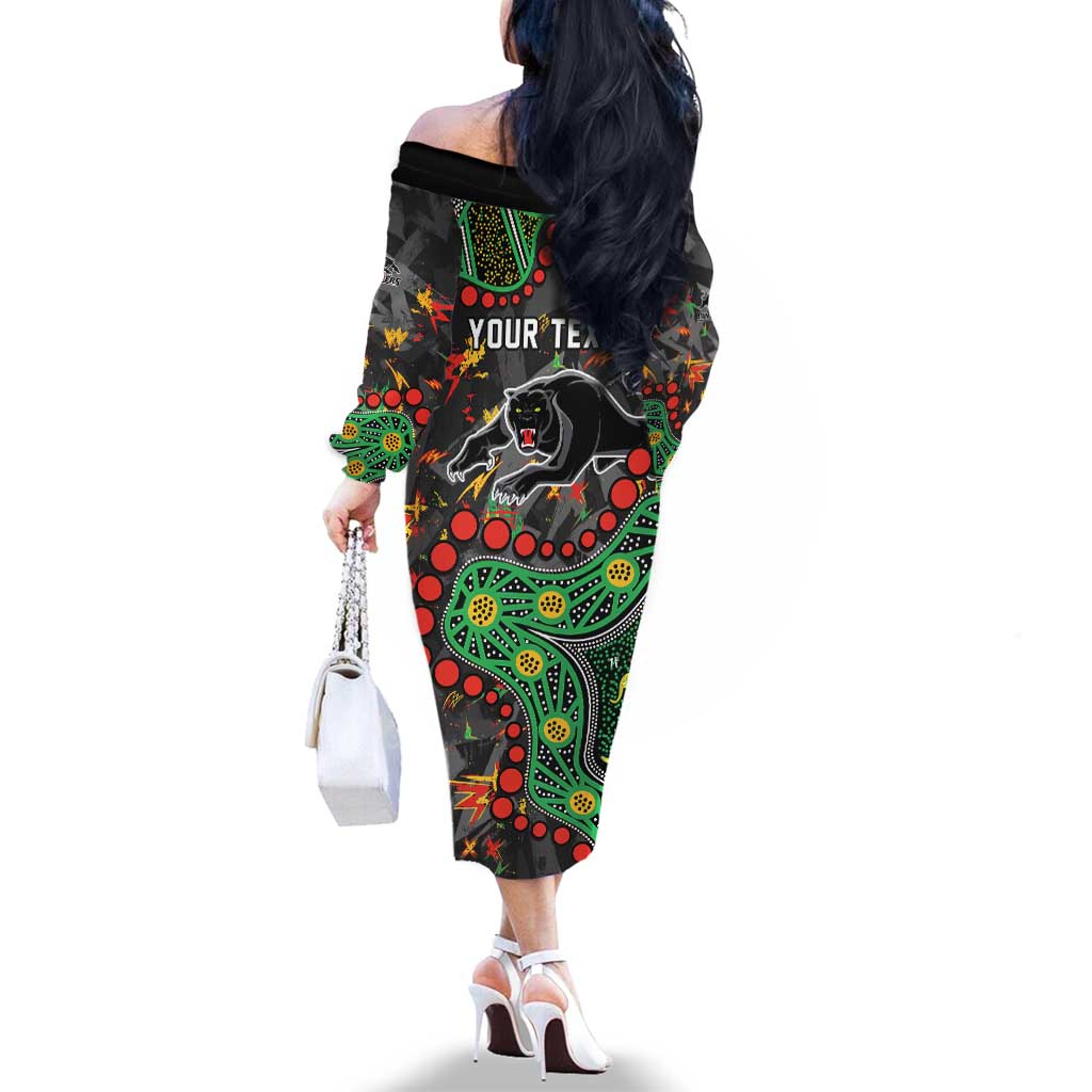 Personalized Penrith Panthers Family Matching Off The Shoulder Long Sleeve Dress and Hawaiian Shirt Aboriginal Pattern with Graffiti Style Design