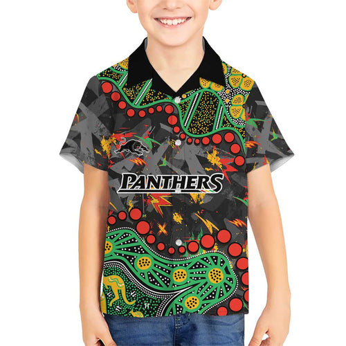 Personalized Penrith Panthers Family Matching Off The Shoulder Long Sleeve Dress and Hawaiian Shirt Aboriginal Pattern with Graffiti Style Design