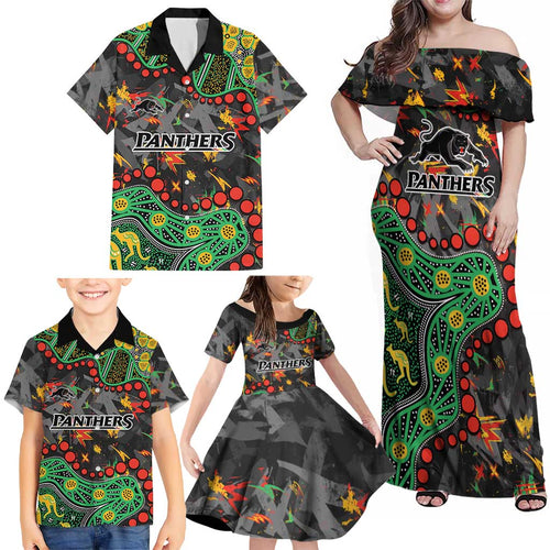 Personalized Penrith Panthers Family Matching Off Shoulder Maxi Dress and Hawaiian Shirt Aboriginal Pattern with Graffiti Style Design