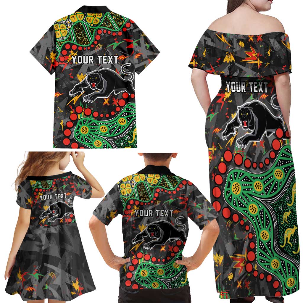 Personalized Penrith Panthers Family Matching Off Shoulder Maxi Dress and Hawaiian Shirt Aboriginal Pattern with Graffiti Style Design