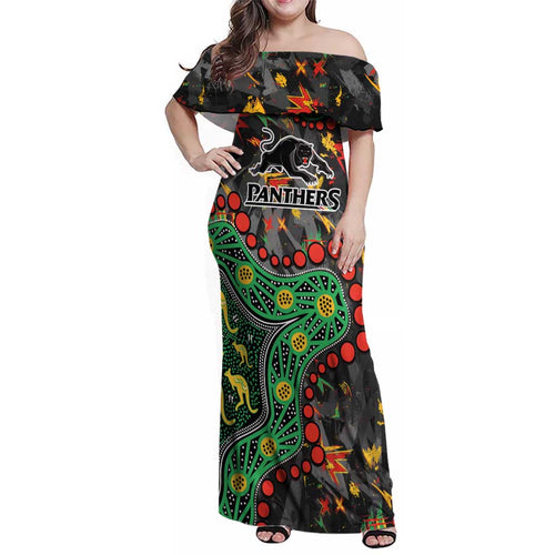Personalized Penrith Panthers Family Matching Off Shoulder Maxi Dress and Hawaiian Shirt Aboriginal Pattern with Graffiti Style Design