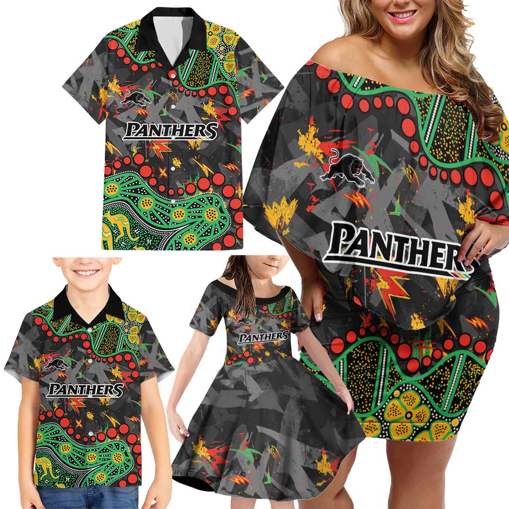 Personalized Penrith Panthers Family Matching Off Shoulder Short Dress and Hawaiian Shirt Aboriginal Pattern with Graffiti Style Design