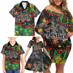Personalized Penrith Panthers Family Matching Off Shoulder Short Dress and Hawaiian Shirt Aboriginal Pattern with Graffiti Style Design