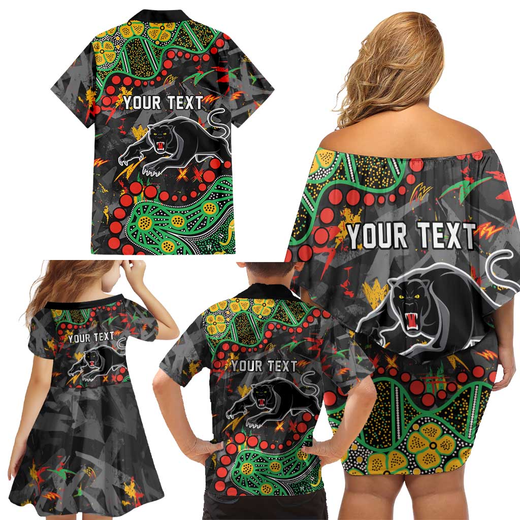 Personalized Penrith Panthers Family Matching Off Shoulder Short Dress and Hawaiian Shirt Aboriginal Pattern with Graffiti Style Design