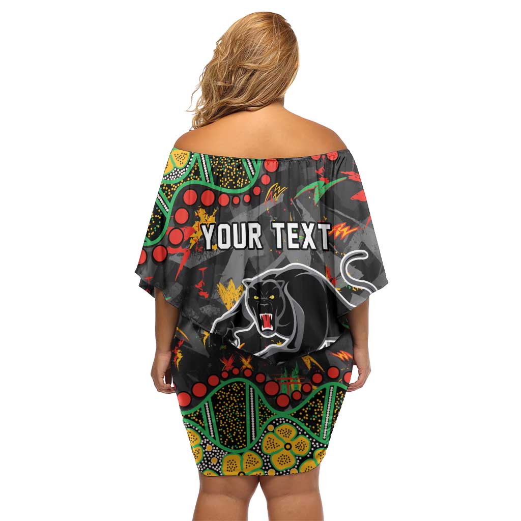 Personalized Penrith Panthers Family Matching Off Shoulder Short Dress and Hawaiian Shirt Aboriginal Pattern with Graffiti Style Design