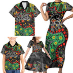 Personalized Penrith Panthers Family Matching Short Sleeve Bodycon Dress and Hawaiian Shirt Aboriginal Pattern with Graffiti Style Design