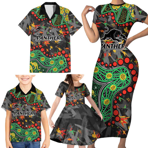 Personalized Penrith Panthers Family Matching Short Sleeve Bodycon Dress and Hawaiian Shirt Aboriginal Pattern with Graffiti Style Design