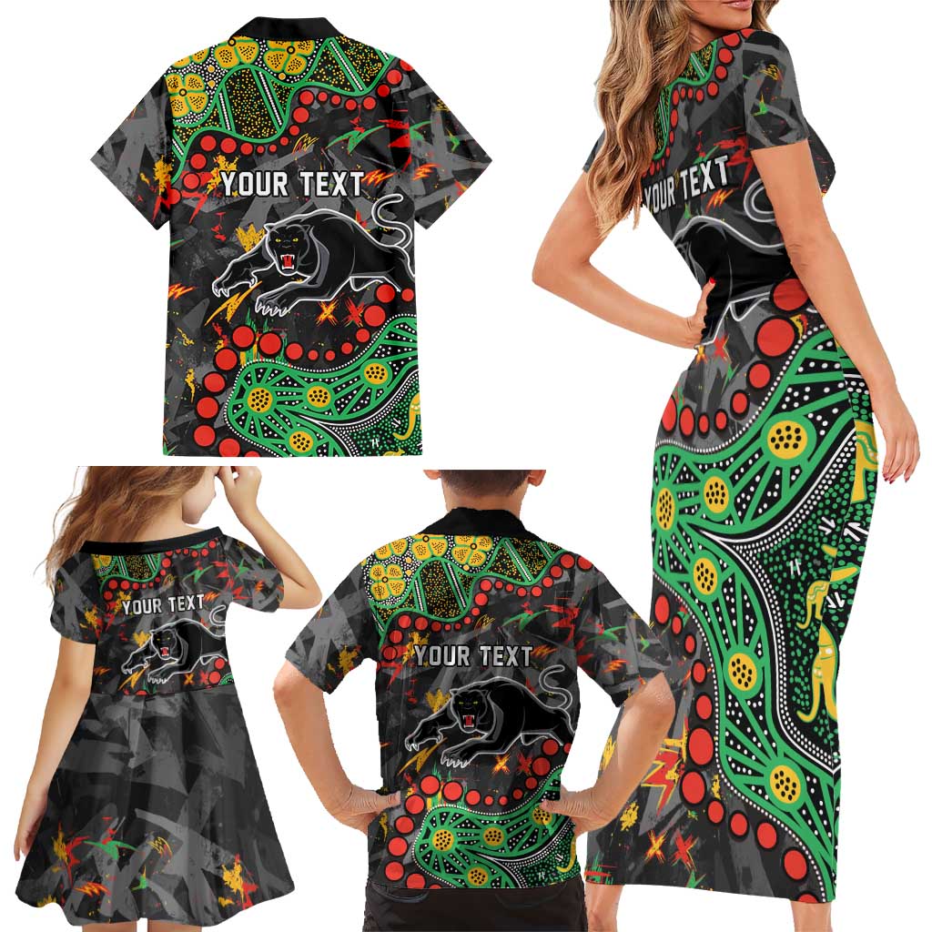 Personalized Penrith Panthers Family Matching Short Sleeve Bodycon Dress and Hawaiian Shirt Aboriginal Pattern with Graffiti Style Design