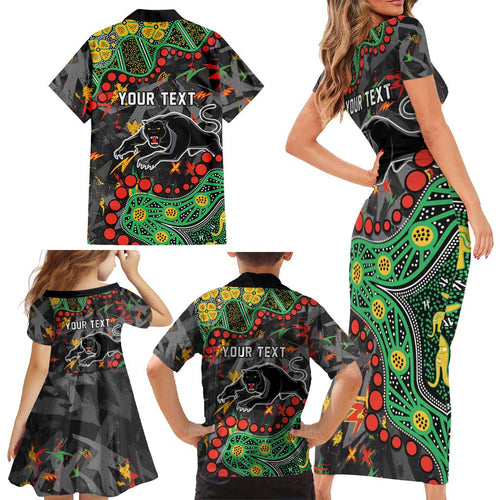 Personalized Penrith Panthers Family Matching Short Sleeve Bodycon Dress and Hawaiian Shirt Aboriginal Pattern with Graffiti Style Design