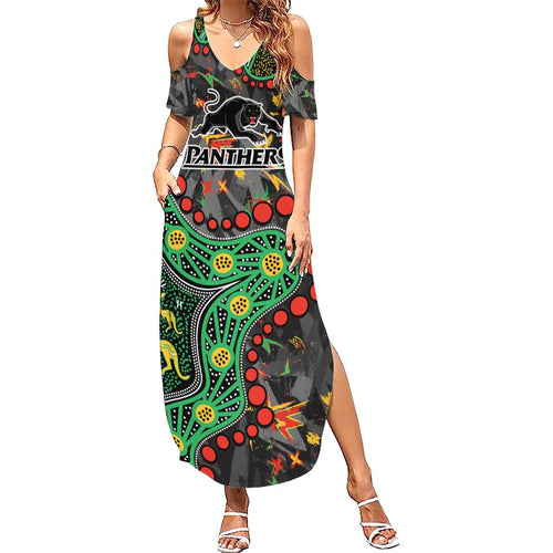 Personalized Penrith Panthers Family Matching Summer Maxi Dress and Hawaiian Shirt Aboriginal Pattern with Graffiti Style Design