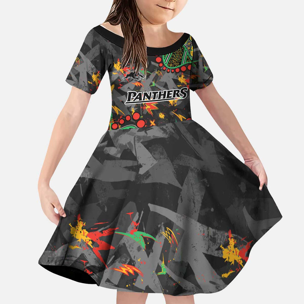 Personalized Penrith Panthers Kid Short Sleeve Dress Aboriginal Pattern with Graffiti Style Design