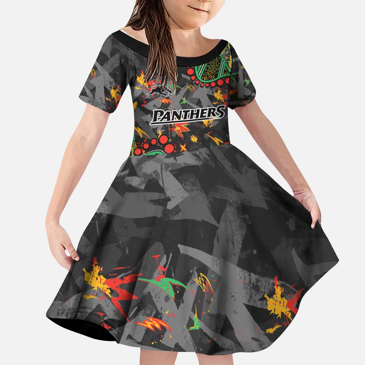 Personalized Penrith Panthers Kid Short Sleeve Dress Aboriginal Pattern with Graffiti Style Design