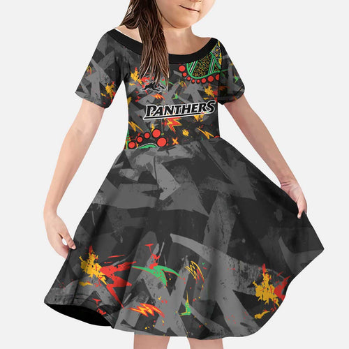 Personalized Penrith Panthers Kid Short Sleeve Dress Aboriginal Pattern with Graffiti Style Design