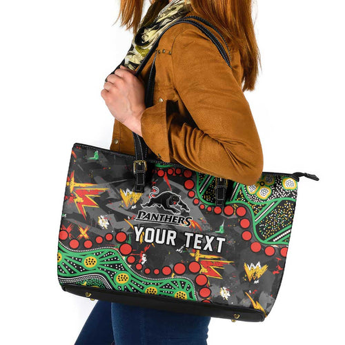 Personalized Penrith Panthers Leather Tote Bag Aboriginal Pattern with Graffiti Style Design