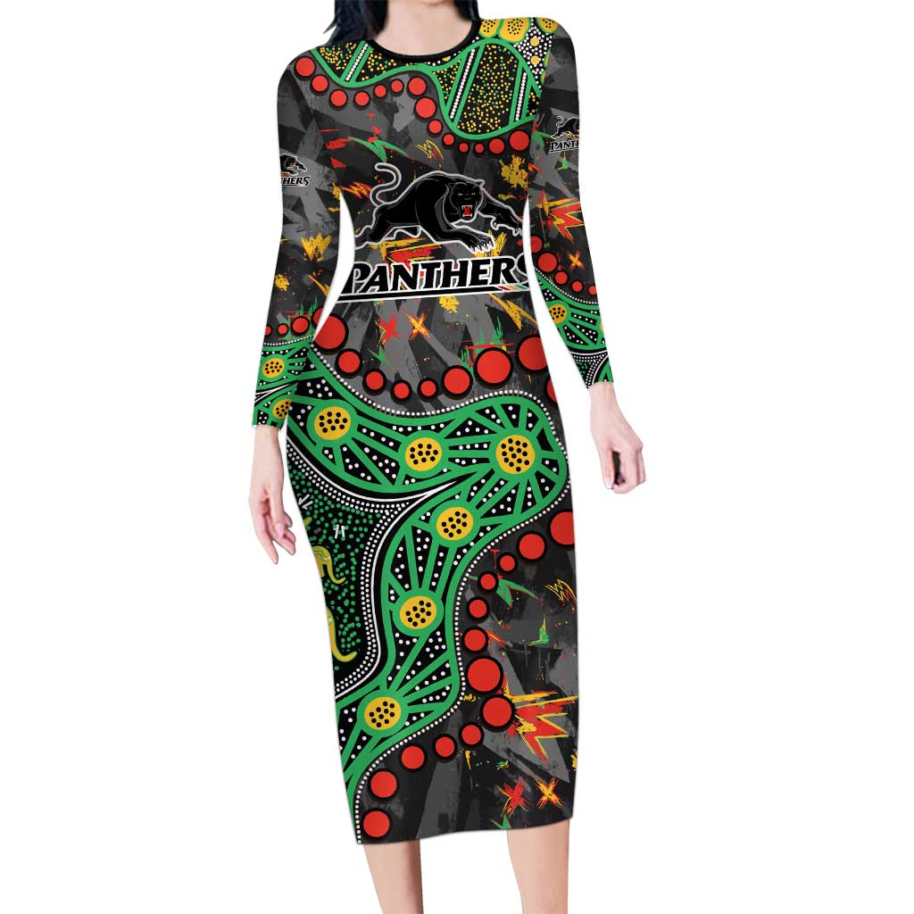 Personalized Penrith Panthers Long Sleeve Bodycon Dress Aboriginal Pattern with Graffiti Style Design