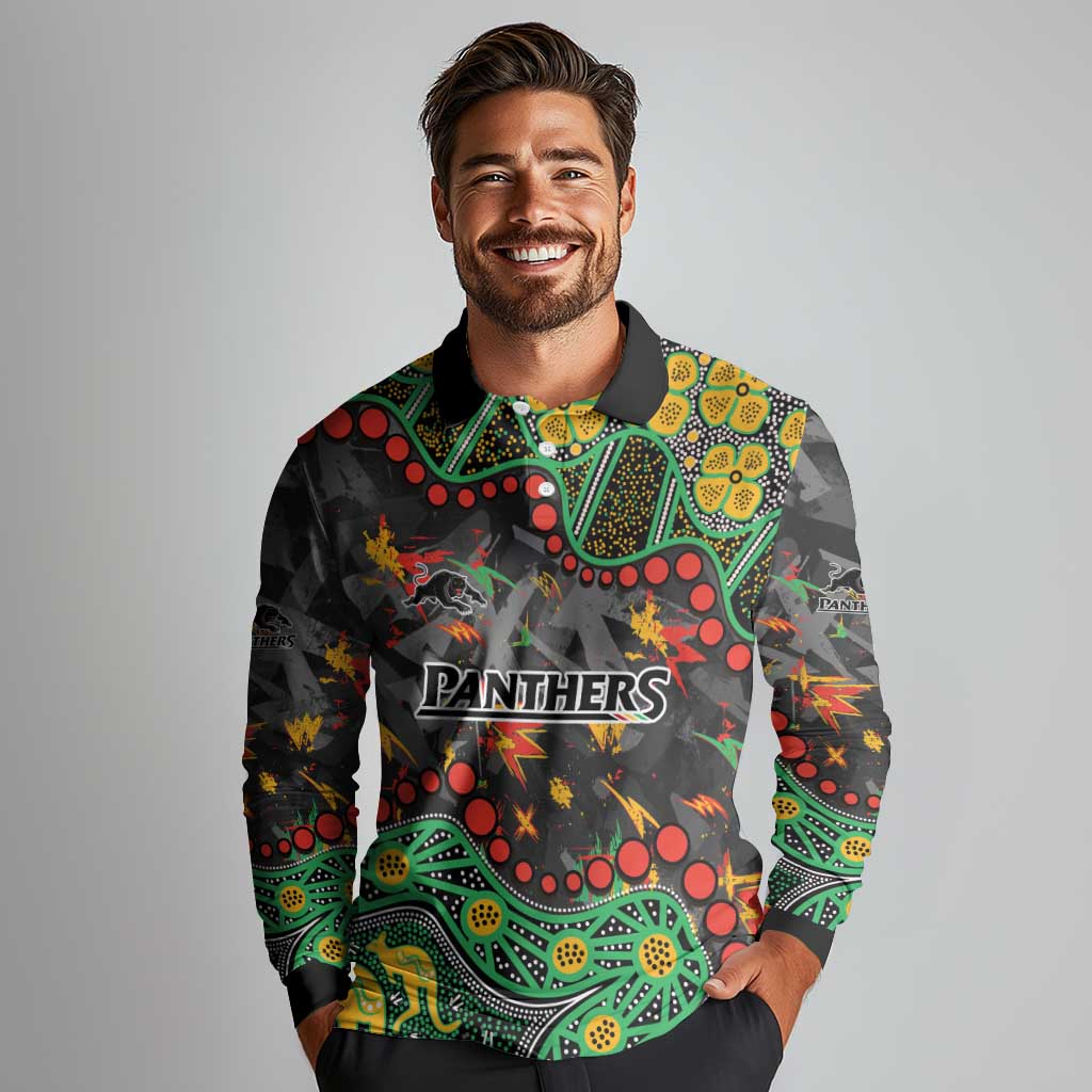 Personalized Penrith Panthers Long Sleeve Polo Shirt Aboriginal Pattern with Graffiti Style Design