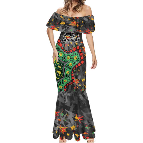 Personalized Penrith Panthers Mermaid Dress Aboriginal Pattern with Graffiti Style Design