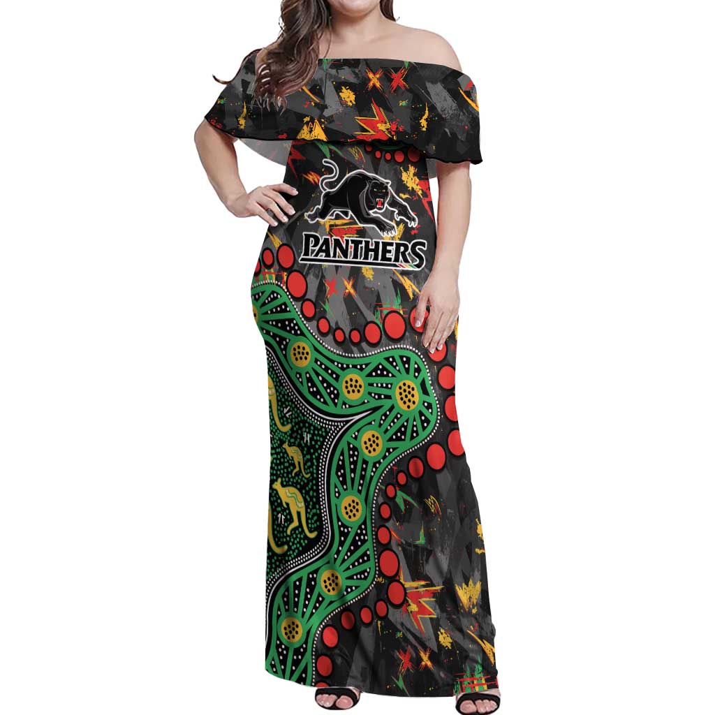 Personalized Penrith Panthers Off Shoulder Maxi Dress Aboriginal Pattern with Graffiti Style Design