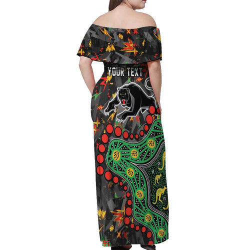 Personalized Penrith Panthers Off Shoulder Maxi Dress Aboriginal Pattern with Graffiti Style Design