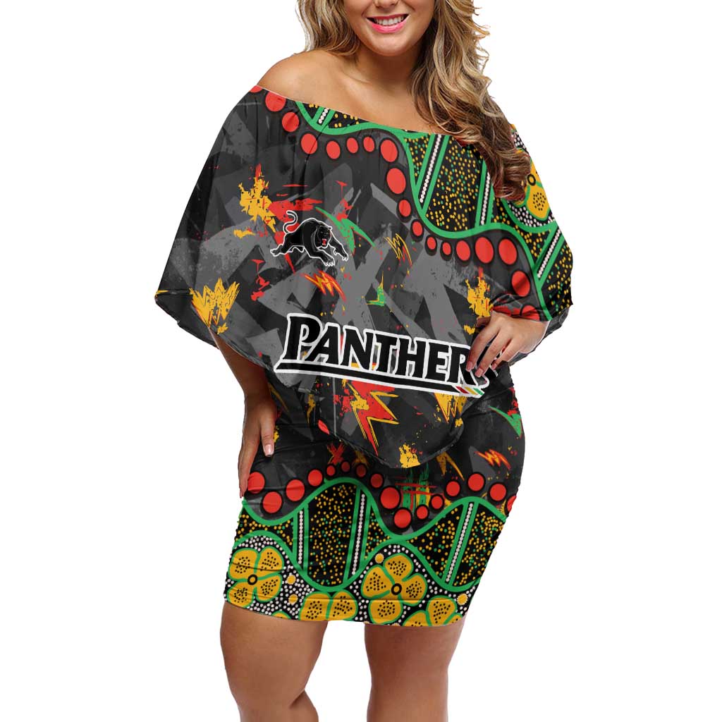 Personalized Penrith Panthers Off Shoulder Short Dress Aboriginal Pattern with Graffiti Style Design