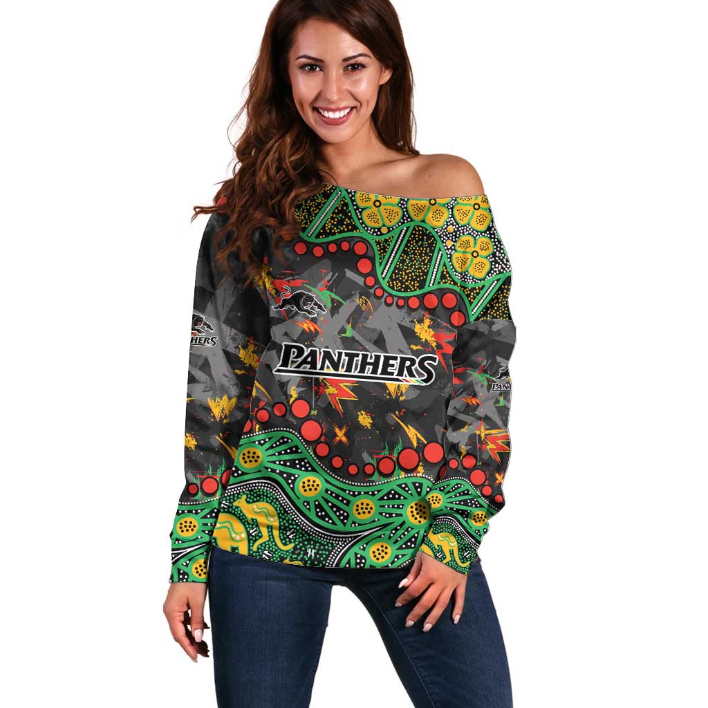 Personalized Penrith Panthers Off Shoulder Sweater Aboriginal Pattern with Graffiti Style Design