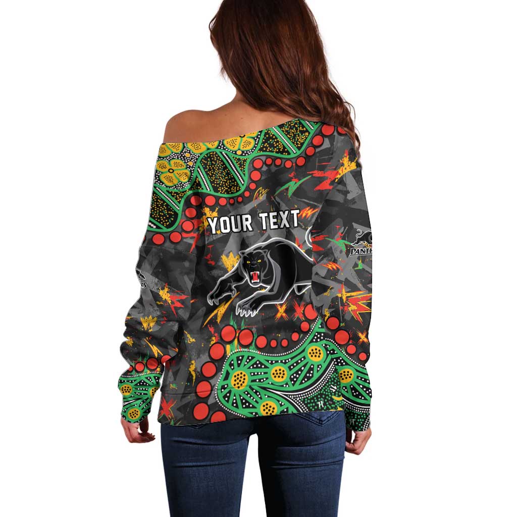 Personalized Penrith Panthers Off Shoulder Sweater Aboriginal Pattern with Graffiti Style Design