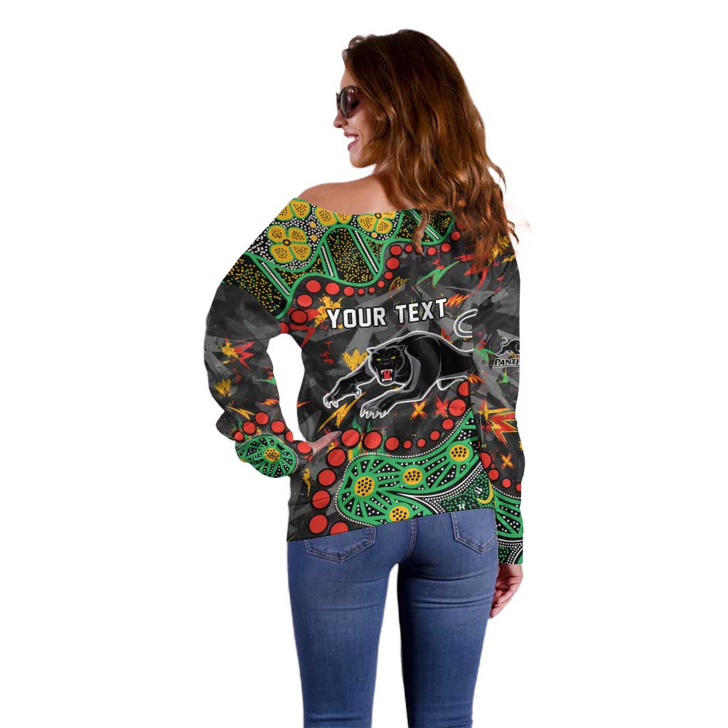 Personalized Penrith Panthers Off Shoulder Sweater Aboriginal Pattern with Graffiti Style Design