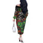 Personalized Penrith Panthers Off The Shoulder Long Sleeve Dress Aboriginal Pattern with Graffiti Style Design