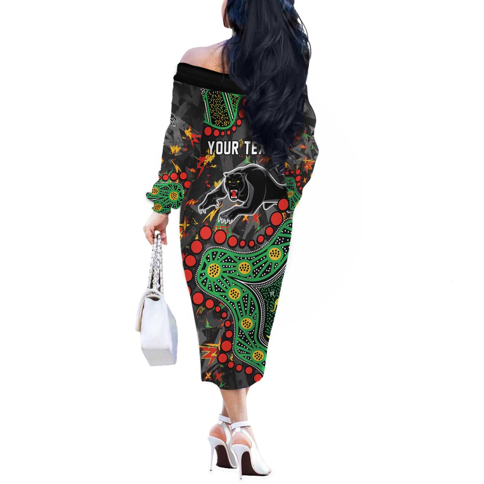 Personalized Penrith Panthers Off The Shoulder Long Sleeve Dress Aboriginal Pattern with Graffiti Style Design