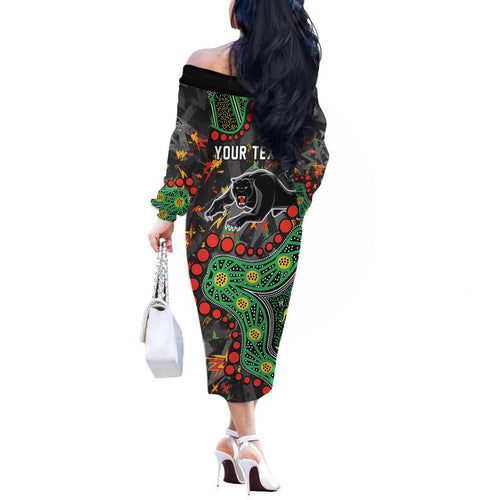 Personalized Penrith Panthers Off The Shoulder Long Sleeve Dress Aboriginal Pattern with Graffiti Style Design