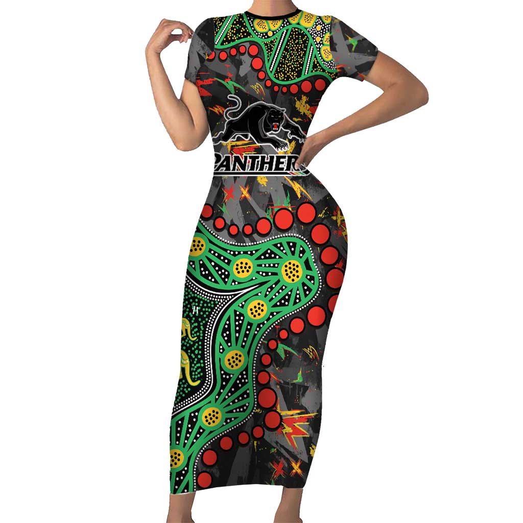 Personalized Penrith Panthers Short Sleeve Bodycon Dress Aboriginal Pattern with Graffiti Style Design